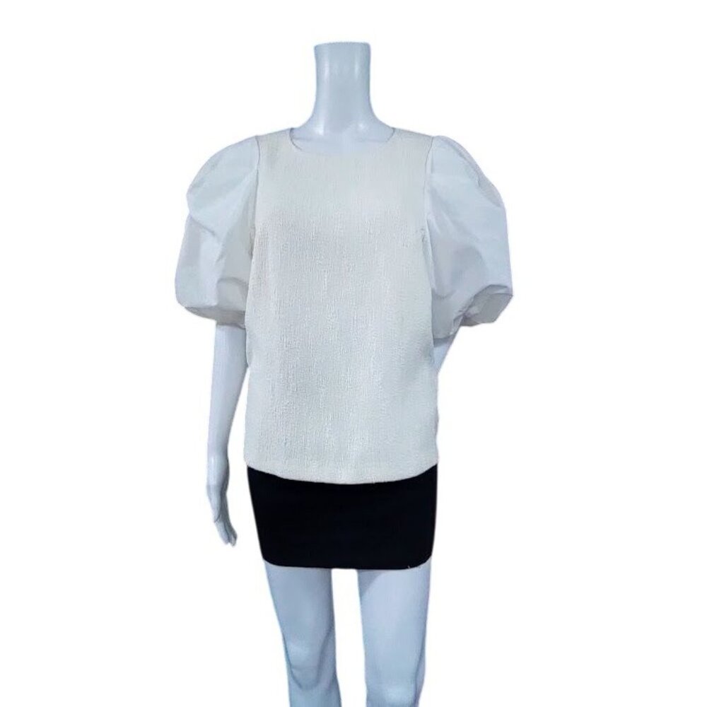 Anthropologie & Black Textured Puff Cream Whimsy Boho Sleeve Blouse L - Picture 7 of 14